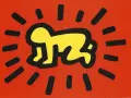 Un bébé rayonnant, une icône des œuvres d'art de Keith Haring, sur fond rouge vif.