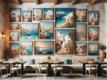 Un mur orné de peintures représentant des villages grecs pittoresques, des bateaux et des paysages marins. Ce tableau américain transporte dans une ambiance méditerranéenne.