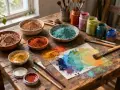 Pots de pigments colorés, pinceaux et palette de couleurs sur une table en bois, prêts pour une peinture fait maison.