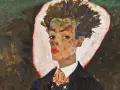 Portrait expressif d'un homme aux cheveux ébouriffés, par le peintre Schiele. Son visage est marqué par des couleurs vives et une touche de rouge à lèvres.