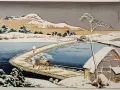 Paysage hivernal d'un peintre japonais connu. Un pont en bois traverse une rivière gelée, avec des personnages et un cerf. Une maison enneigée à droite.