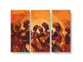 Ce tableau ethnique représente des femmes africaines stylisées dans des tenues colorées, dansant sous un soleil rayonnant.