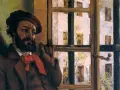 Un homme à la barbe noire, portant un béret et une écharpe rouge, fume une pipe près d'une fenêtre. Une peinture réaliste moderne.