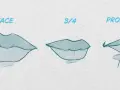 Trois vues d'une bouche dessin réaliste : de face, de trois-quarts et de profil.