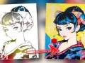 Une peinture japonaise vibrante d'une jeune femme aux yeux bleus intenses et aux cheveux noirs ornés d'un ruban coloré.