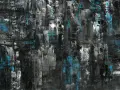 Tableau abstrait noir et bleu avec des textures et des coups de pinceau visibles.