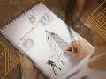 Un croquis de **tableau perspective** montre des cubes avec des visages expressifs et des lignes de fuite, une main dessinant des formes géométriques.