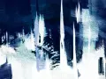 Tableau bleu et blanc évoquant des stalactites ou des gratte-ciel abstraits, avec des coups de pinceau texturés et dynamiques.