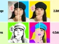 Portrait d'une femme soufflant un baiser, décliné à la manière d'Andy Warhol en quatre étapes : cadrage, détourage, ombres et colorisation pop.