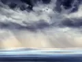 Peindre un ciel d'orage à l'acrylique. Nuages sombres et lumineux, rayons de soleil perçant, sur une mer calme aux reflets bleus et blancs.
