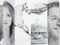 Un collage de dessins réalistes : un éléphant, une femme, un cheval, une voiture, un hamburger, un homme et un chien.