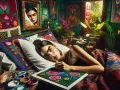Un autoportrait de Frida Kahlo, peignant des fleurs et des oiseaux dans une chambre vibrante et colorée, inspirée de son style.