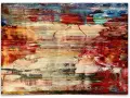 Tableau abstrait évoquant la création du monde, avec des touches de rouge, d'orange et de blanc, rappelant un paysage onirique.