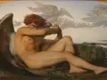 L'ange déchu de Cabanel, un être ailé aux cheveux roux, contemple son exil tandis que d'autres anges s'envolent au loin.