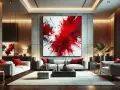 Un salon moderne avec un grand tableau rouge abstrait au-dessus d'un canapé gris. Des coussins rouges accentuent l'ensemble.