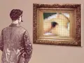 Un homme contemple un tableau pixelisé, une évocation de l'origine du monde.