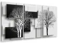Tableau panoramique noir et blanc composé de plusieurs panneaux représentant des arbres stylisés aux branches fines, créant un jeu d'ombres et de lumières.