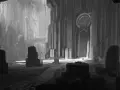 Dessin sur papier noir d'une immense salle ornée de colonnes et d'une porte monumentale. Deux silhouettes s'approchent de l'entrée lumineuse.