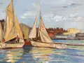 Peinture de voiliers au couteau, reflets dans l'eau, bateaux et bâtiments en arrière-plan.