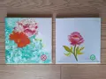 Deux tableaux de fleurs peints à la **feutre acrylique**. L'un est abstrait et coloré, l'autre est une pivoine rose délicate.
