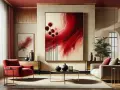 Un salon moderne avec un grand tableau abstrait rouge vibrant, des fauteuils rouges et un canapé beige.
