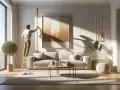 Un homme mesure la hauteur d'un grand tableau beige dans un salon lumineux.