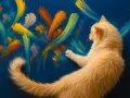 Un chat roux, artiste peintre, touche une toile abstraite aux couleurs vives.
