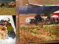 Tableaux de paysages à l'huile : une ferme rouge et une maison blanche dans un champ doré, avec une palette de couleurs vives.