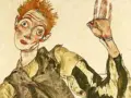 Autoportrait expressif d'Egon Schiele, le regard intense, la main levée dans un geste énigmatique.