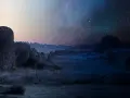 Mégalithes sous un ciel étoilé, une peinture lumineuse la nuit. L'herbe givrée reflète la douce lueur du ciel, créant une atmosphère mystique.