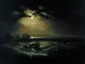 Un tableau clair obscur dramatique : des bateaux luttent contre des vagues déchaînées sous une lune voilée. La lumière perce les nuages, éclairant la scène maritime tourmentée.