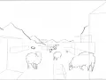 Un dessin en profondeur d'un paysage avec des montagnes, des bâtiments et des moutons.