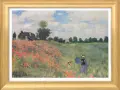 Tableau impressionniste de champs de coquelicots avec deux femmes et un enfant profitant d'une promenade ensoleillée.