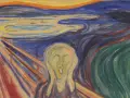 Le cri, célèbre tableau d'Edvard Munch, représente une figure angoissée sur un pont, le ciel embrasé et des silhouettes sombres.