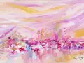 Peinture figurative abstraite aux tons roses et dorés, évoquant un paysage onirique et lumineux.