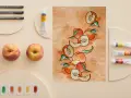 Une peinture de fruit aquarelle, avec des pêches entières et coupées, des tubes de peinture et des feutres.