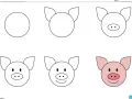 Étapes pour un dessin facile de cochon : un cercle, des oreilles, un groin, des yeux, puis un sourire.
