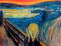 Le Cri, œuvre emblématique d'Edvard Munch, exprime une angoisse universelle. Une figure déformée hurle sur un pont, le ciel rougeoyant reflétant sa détresse.