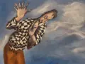 Gérard Garouste peint un homme en chemise à damiers, le visage tordu par l'émotion, les mains tendues vers un ciel tourmenté.