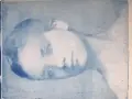 Portrait d'une personne en gros plan, réalisé par transfert photo sur gelli plate. L'image est en tons bleus, avec des textures et des lignes visibles.
