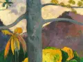 Paysage tropical aux couleurs vives, évoquant l'art de Paul Gauguin. Un tronc d'arbre domine, des feuillages jaunes et verts contrastent avec des collines pourpres.
