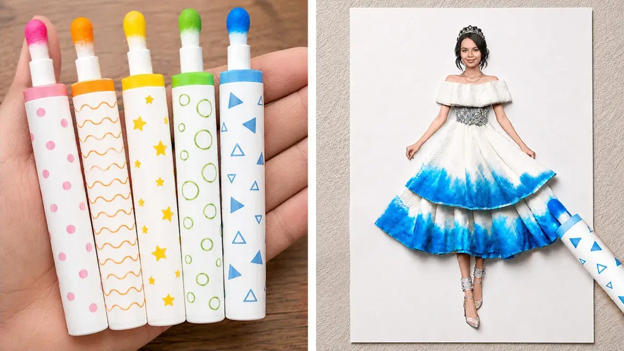 Une idée de dessin : des feutres colorés et une robe de princesse créée avec un feutre bleu.
