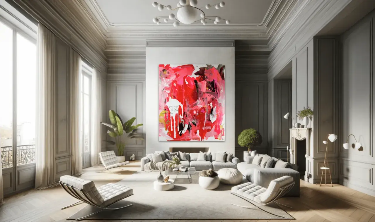 Un salon moderne avec un grand tableau panoramique abstrait aux couleurs vives, des meubles design et de grandes fenêtres.