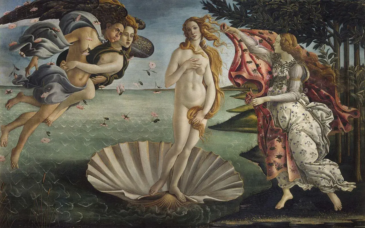 La Naissance de Vénus, ce tableau connu, dépeint la déesse sur une coquille, accueillie par Zéphyr et une Hora.