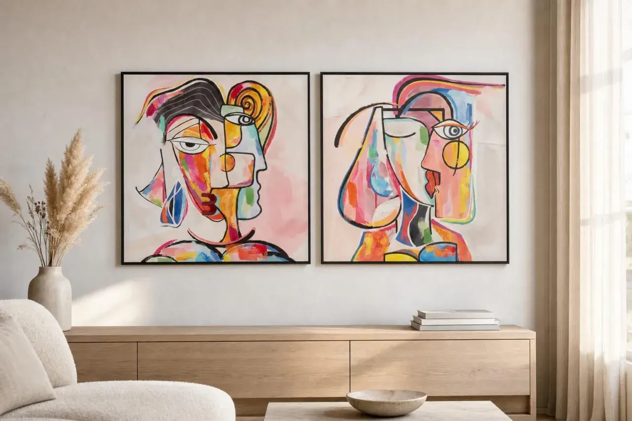 Deux tableaux abstraits multicolores contemporains représentent des visages cubistes aux formes audacieuses et aux couleurs vives.