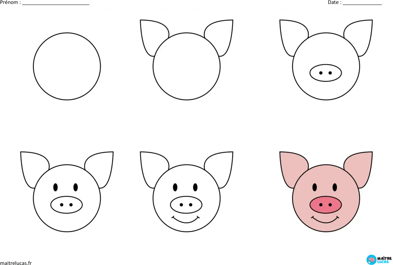 Étapes pour un dessin facile de cochon : un cercle, des oreilles, un groin, des yeux, puis un sourire.
