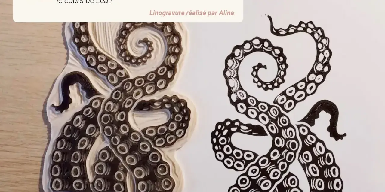 Tentation de linogravure facile : un tampon de tentacules de pieuvre et son impression.