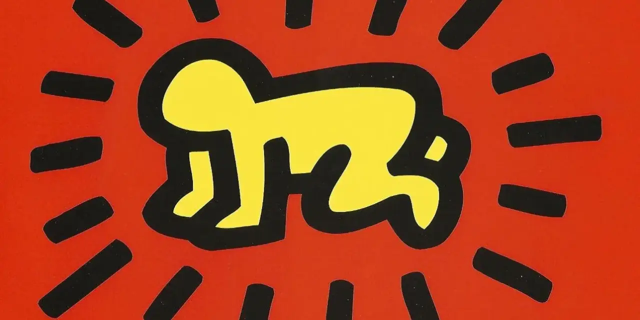 Un bébé rayonnant, une icône des œuvres d'art de Keith Haring, sur fond rouge vif.