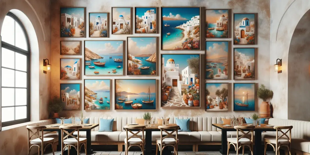 Un mur orné de peintures représentant des villages grecs pittoresques, des bateaux et des paysages marins. Ce tableau américain transporte dans une ambiance méditerranéenne.