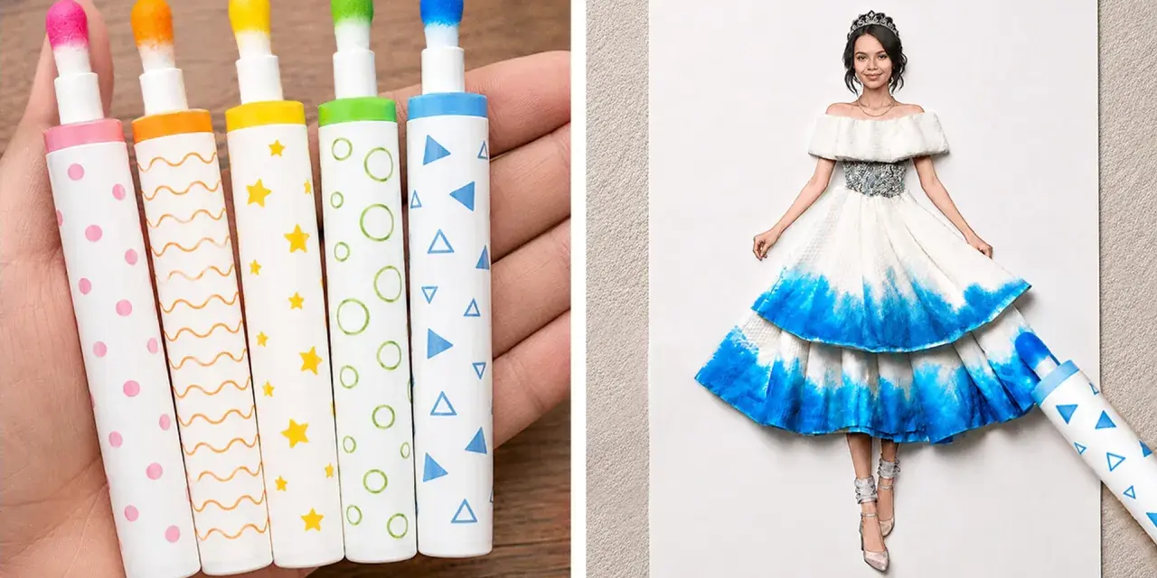 Une idée de dessin : des feutres colorés et une robe de princesse créée avec un feutre bleu.